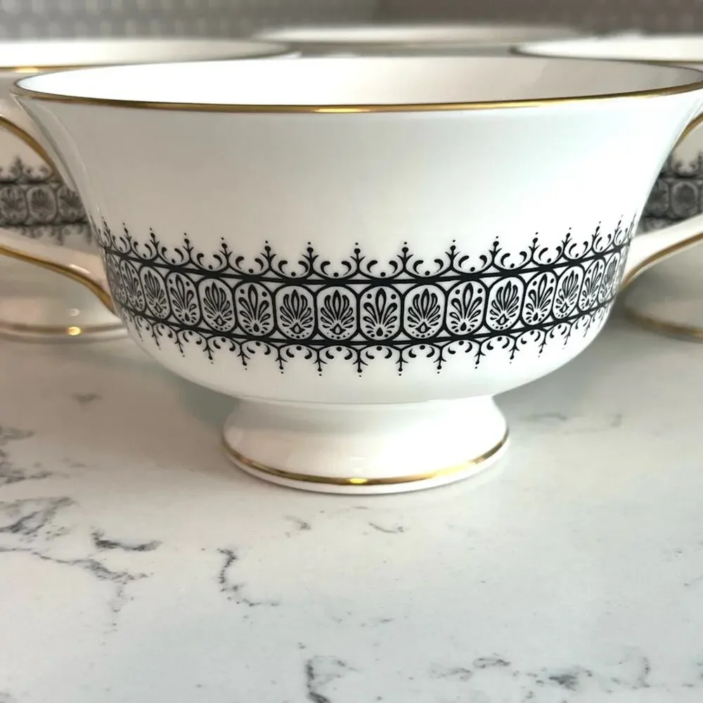 Wedgwood Astor Black On White Newer Footed Cream Soup Bowl Cup (Set of Four)